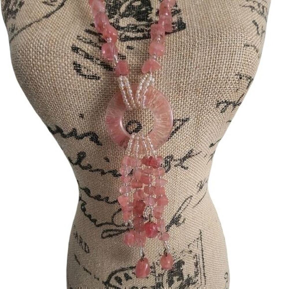 Treska Pink Quartz Gemstone Beaded Necklace Statement Pendant Unique Boho Chic